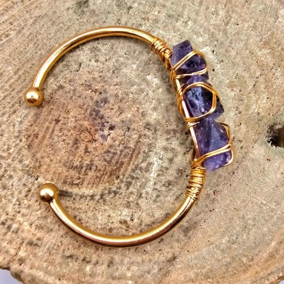 Nature Amethyst Polished Stone Wire Wrapped Cuff Bangle - Picture 7 of 10